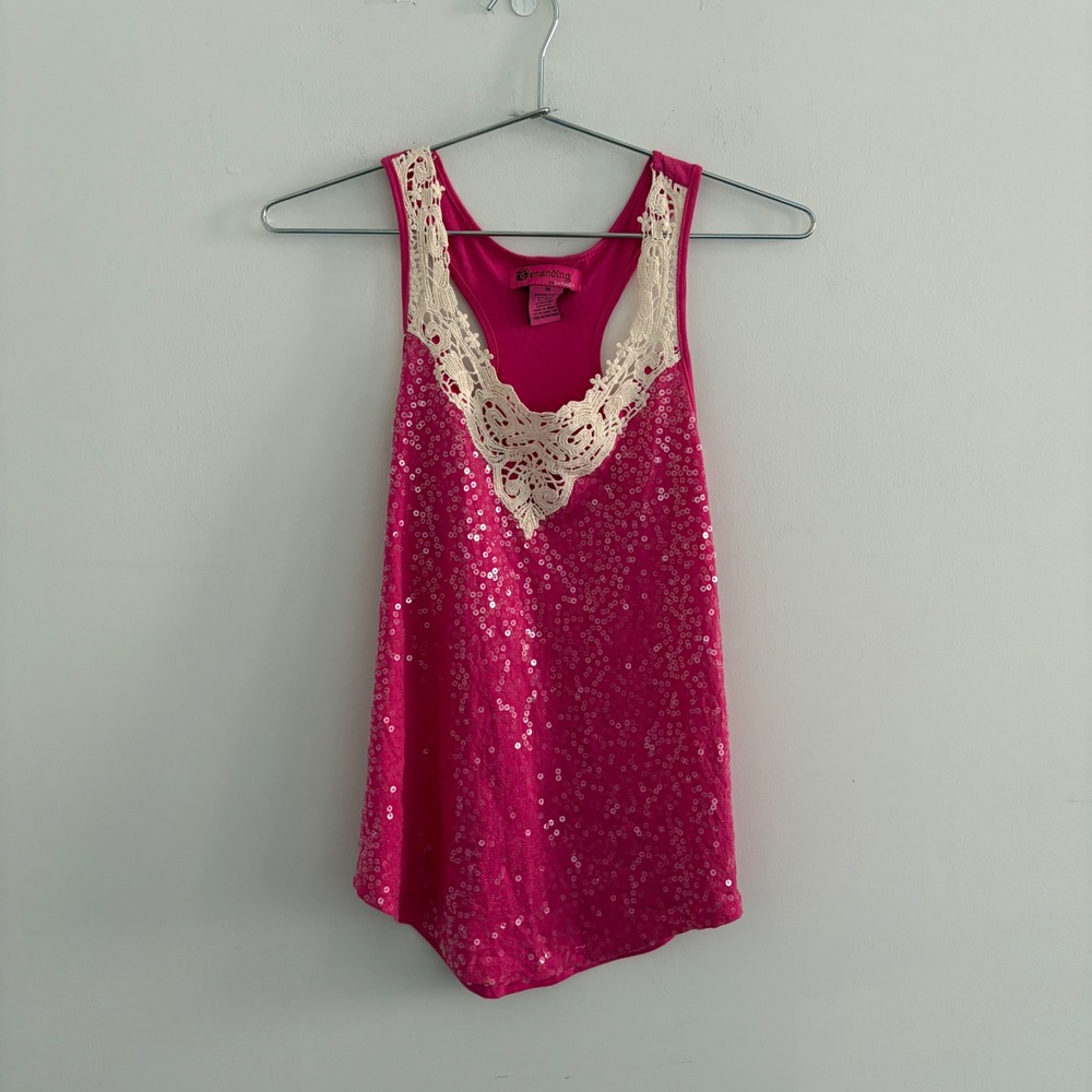 Demanding by Say What Hot Pink Sequin Lace Racerback Tank Top Medium
